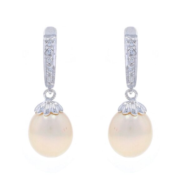 White Gold Cultured Pearl & Diamond Dangle Earrings - 14k Pierced